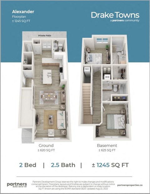Floor plan for 2 beds, 2.5 baths, 1245 sqft